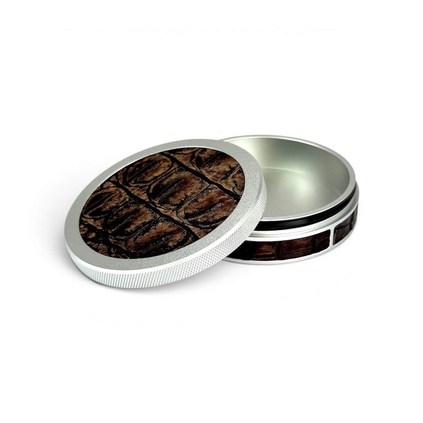 Silver on Brown Embossed Croc Leather Ruk Can Slim