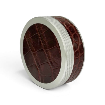 Silver on Chestnut Brown Embossed Croc Leather Ruk Can