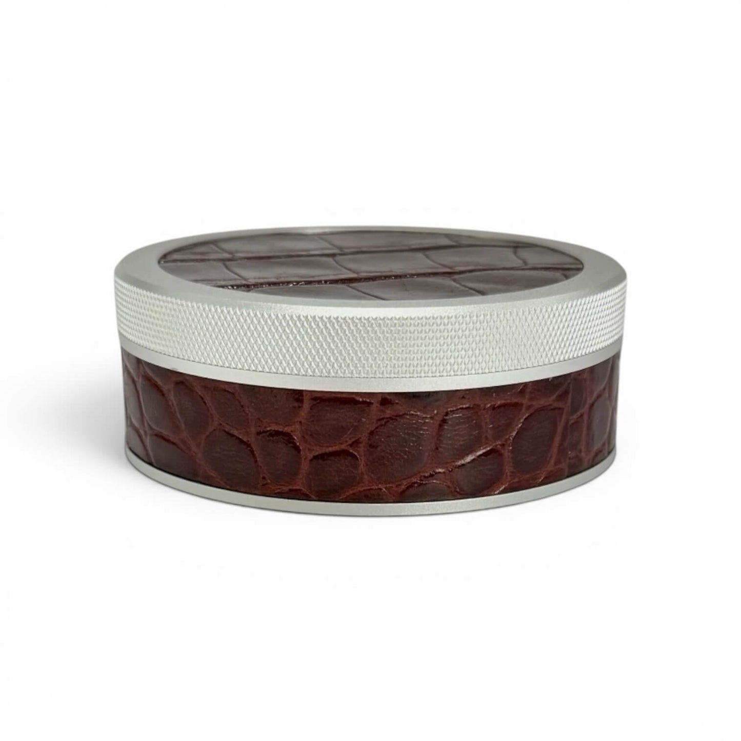 Silver on Chestnut Brown Embossed Croc Leather Ruk Can