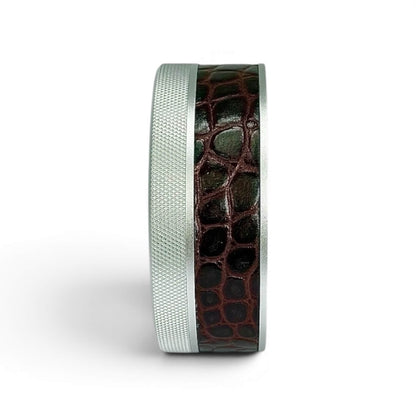 Silver on Chestnut Brown Embossed Croc Leather Ruk Can
