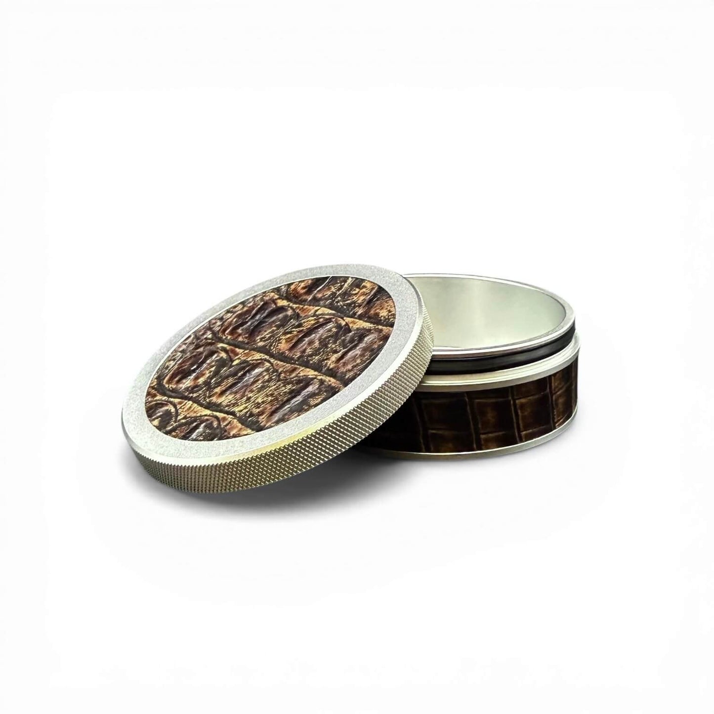 Silver on Brown Embossed Croc Leather Ruk Can