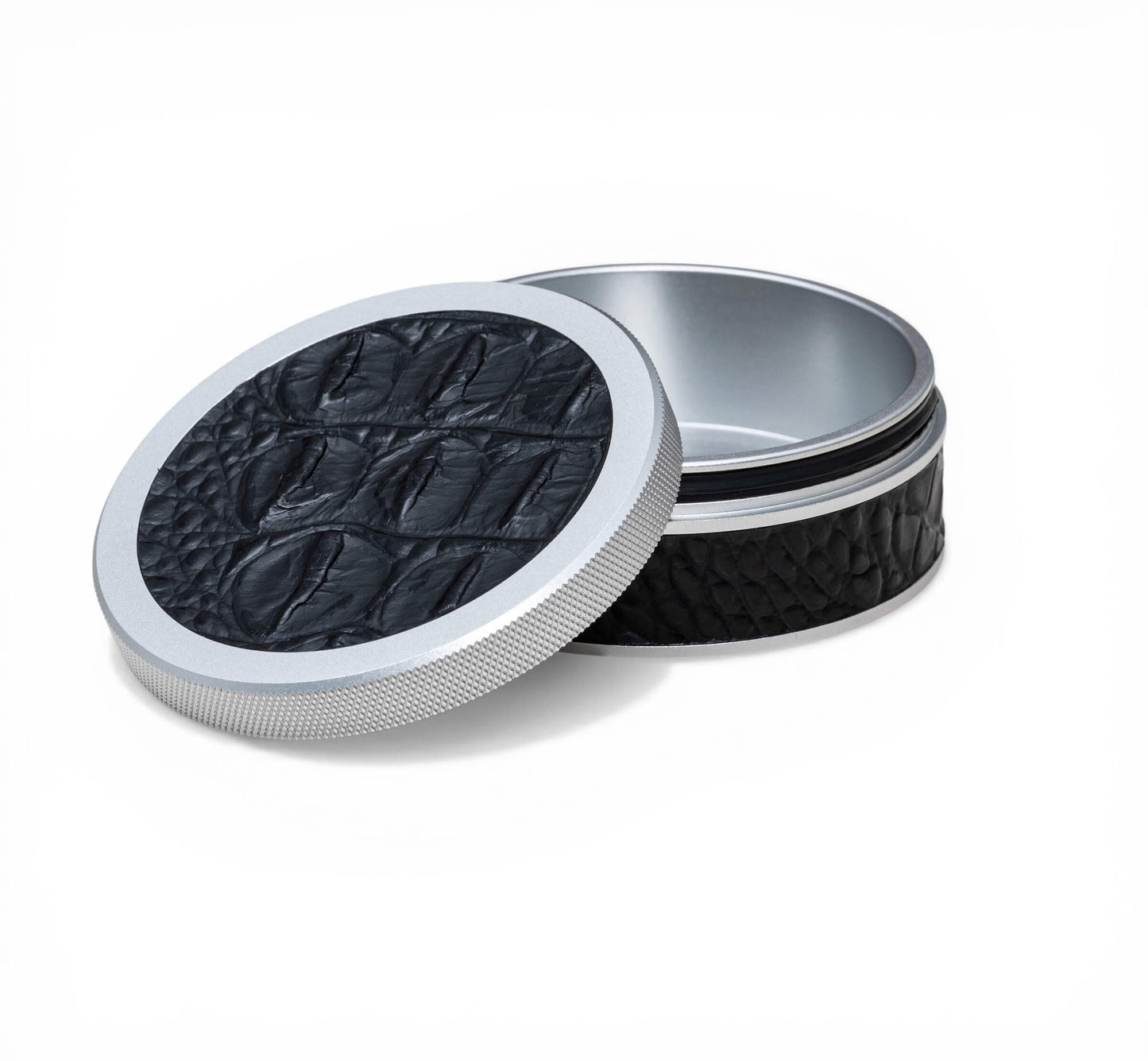 Silver on Black Leather Croc Ruk Can