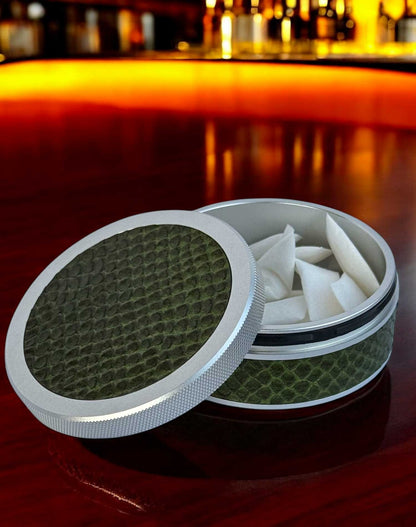 Silver on Green Snake Skin Leather Ruk-Can